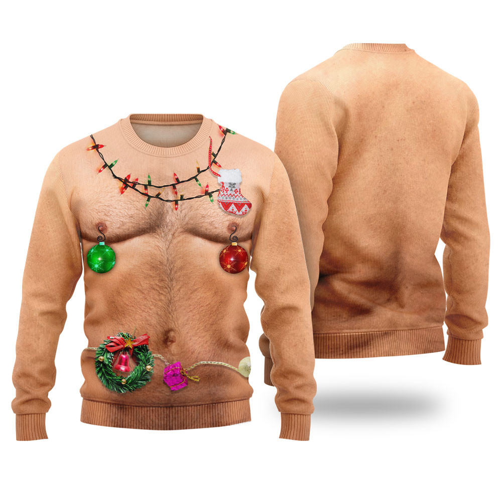 Hairy Chest Christmas Lights Ugly Christmas Sweater Comfortable Holiday Sweater for Chilly Nights