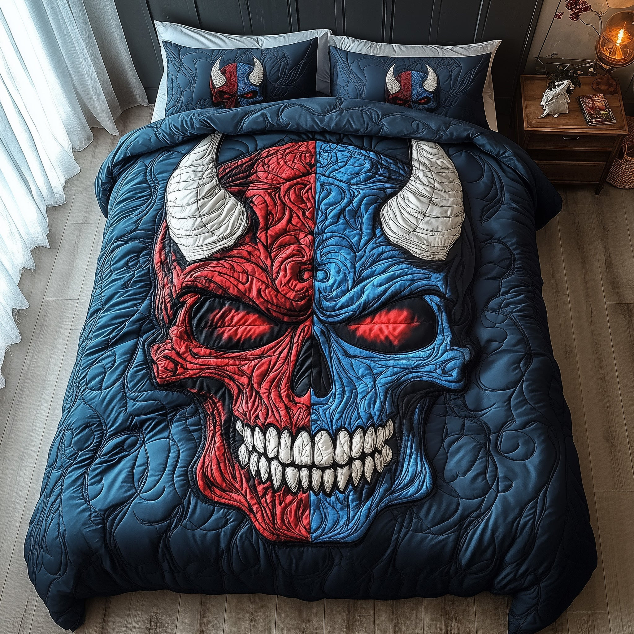 Half Evil Skull Quilted Bedding Set Fire Blue Red Skull With Horn Horror Home Bedroom Decor