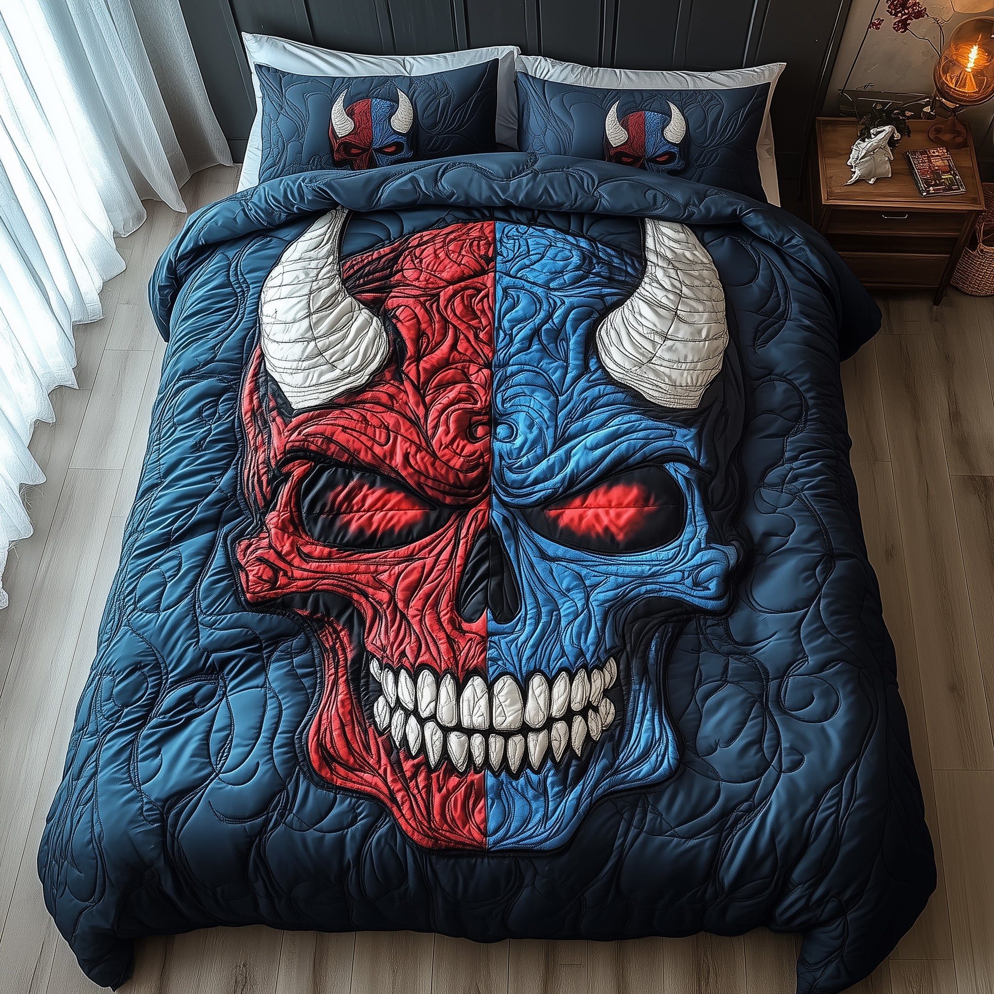 Half Evil Skull Quilted Bedding Set Fire Blue Red Skull With Horn Horror Home Bedroom Decor