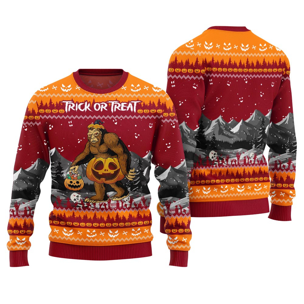 Halloween Bigfoot Trick Or Treat Ugly Sweater Adults Red Warm and Comfy Sweater for Winter Days