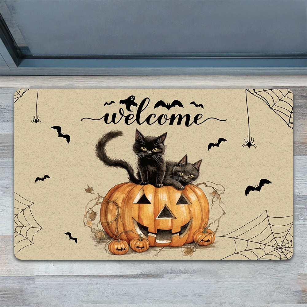 Halloween Black Cat Doormat Welcome Cats In A Pumpkin Housewarming Gift Doormat Decor