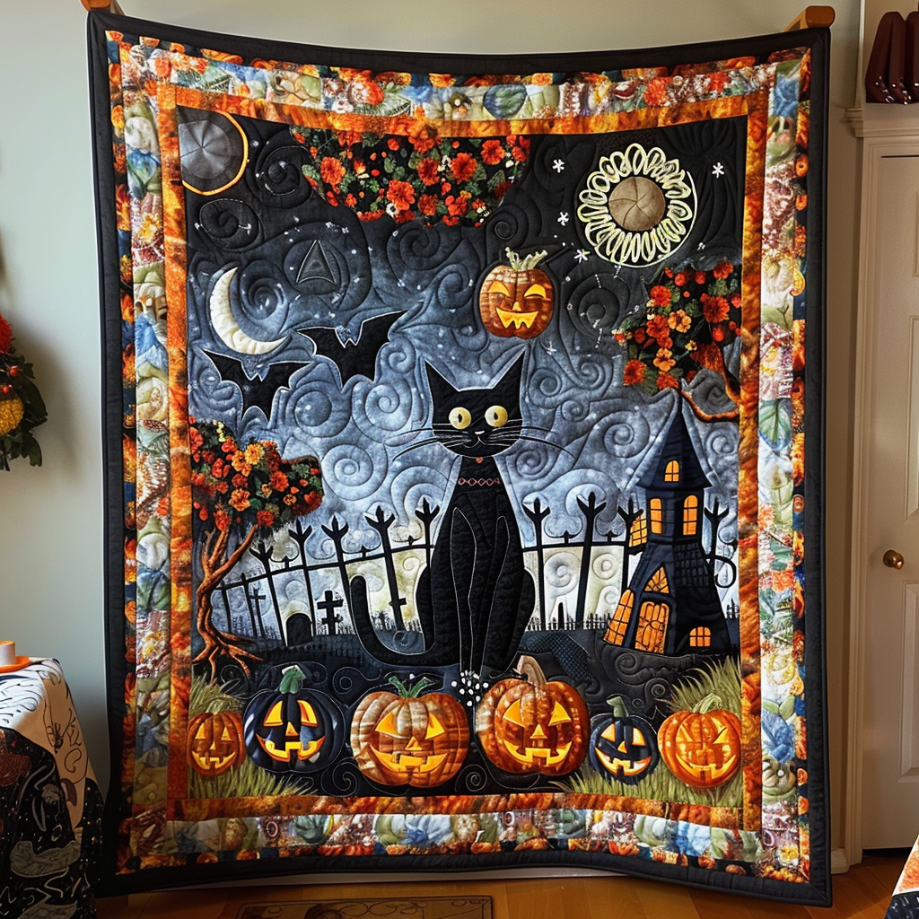 Halloween Black Cat Quilted Blanket Gifts For Cat Owners