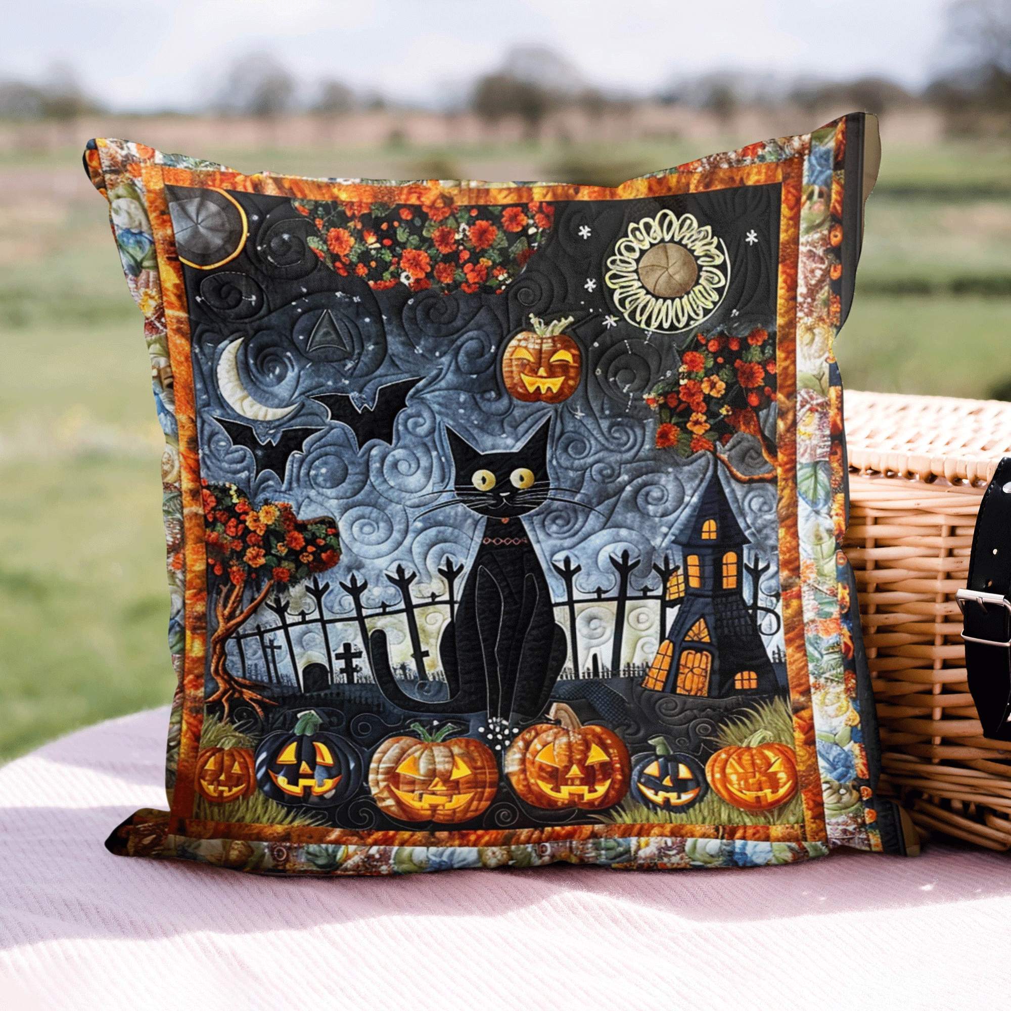 Halloween Black Cat Quilted Pillow Case Decorative Throw Pillow Case