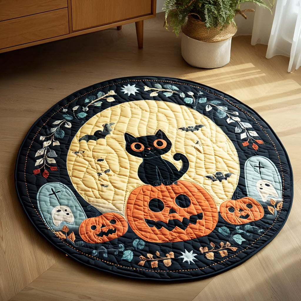 Halloween Black Cat Quilted Round Mat Home Entrance Decor Ideas Cat Xmas Gifts