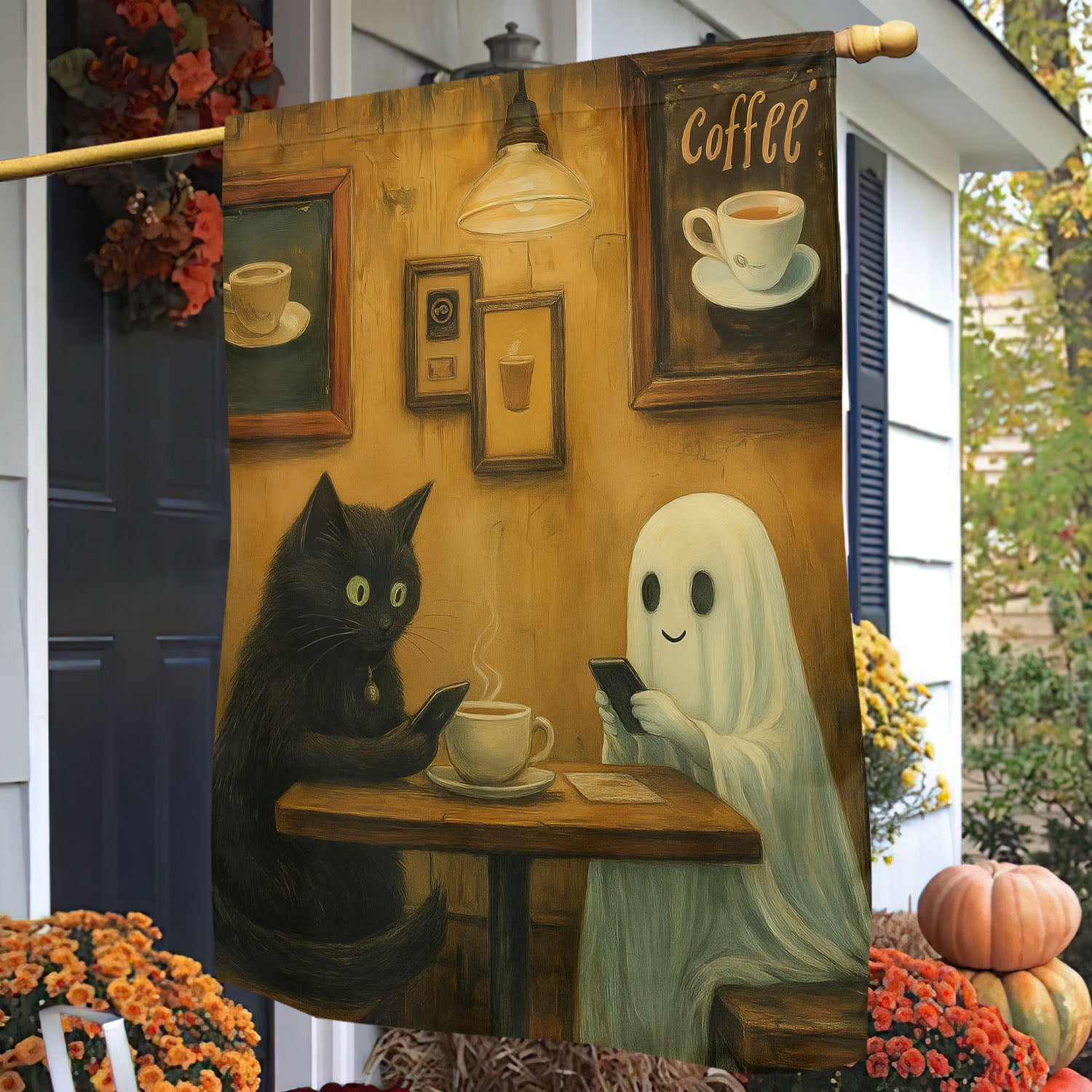 Halloween Cat Boo Garden Flag Spirited Coffee Break Yard Flag Halloween Gift For Ghost Lovers