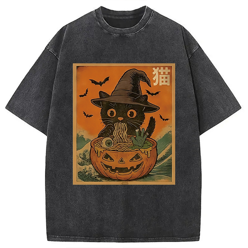 Halloween Cat Eating Ramen Washed T-Shirt Trendy Everyday Casual Outfit Gifts For Besties Halloween Cat Eating Ramen Washed T-Shirt Trendy Everyday Casual Outfit Gifts For Besties