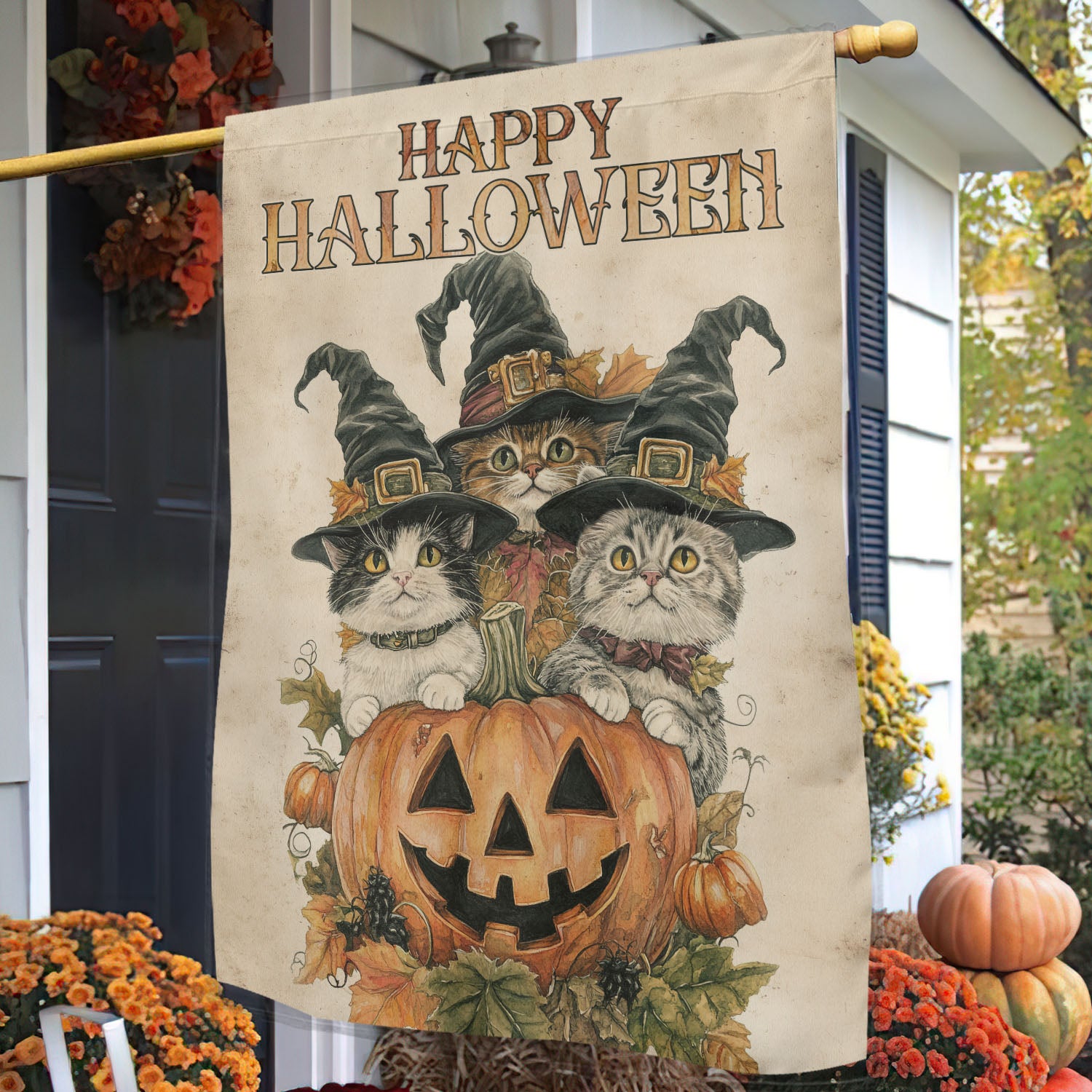 Halloween Cat Garden Flag Happy Halloween Trio Yard Flag Spooky Season Gift For Cat Lovers