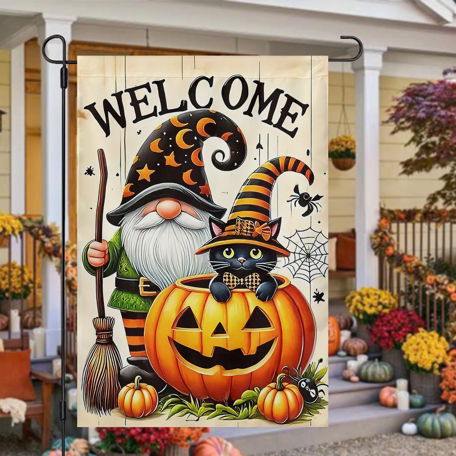 Halloween Cat Garden Flag Kitty And Dwarf Spooky Season Yard Decor Gift For Cat Owners