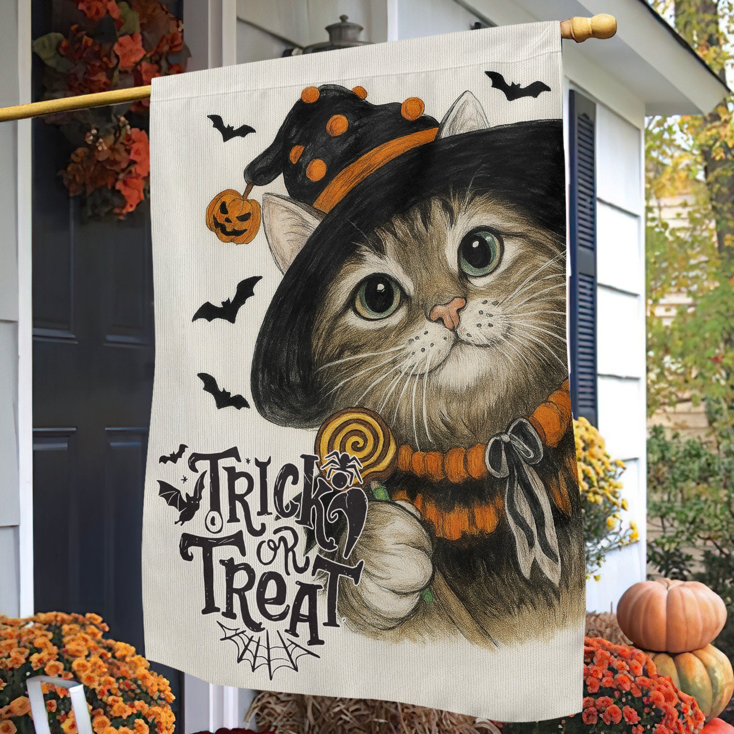 Halloween Cat House Flag Trick Or Treat Yard Flag Spooky Season Gift For Cat Lovers
