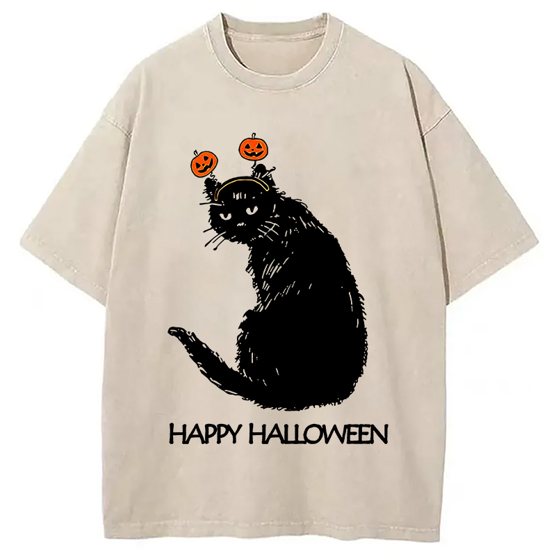 Halloween Cat Japanese Washed T-Shirt Cool Graphic Tee For Men Women Gifts For Besties