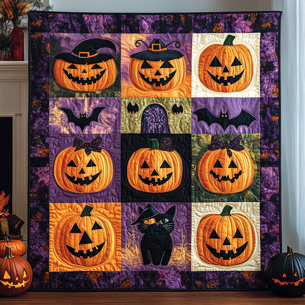 Halloween Cat Magic Quilted Blanket Halloween Gifts For Adults