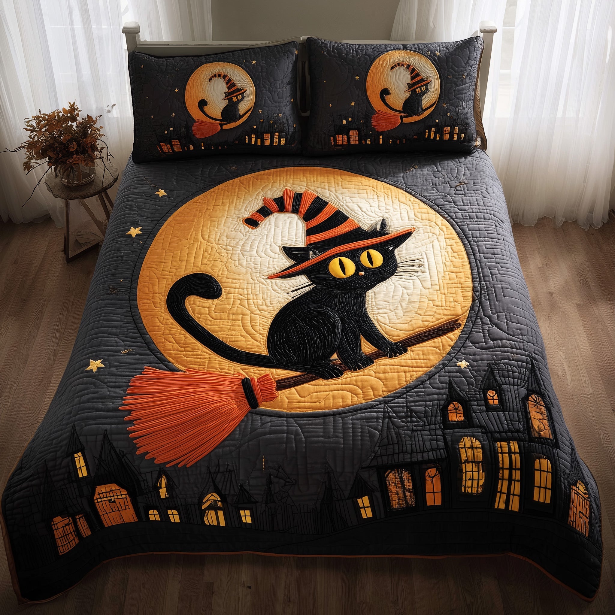 Halloween Cat Quilted Bedding Set Geometrical Pattern