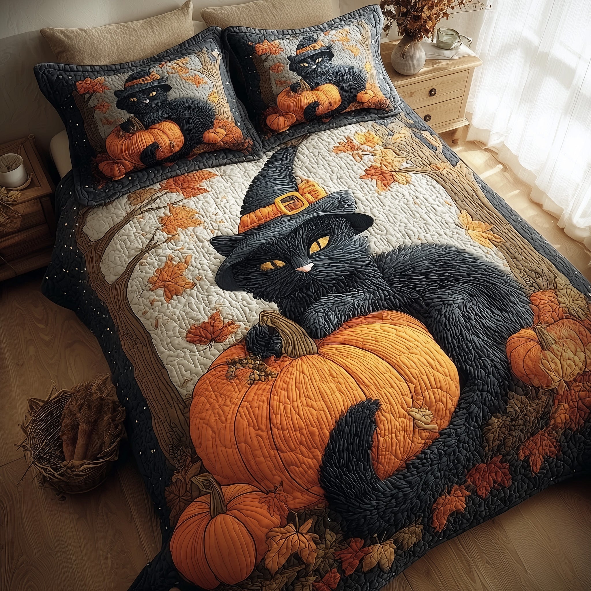 Halloween Cat Quilted Bedding Set Modern Design