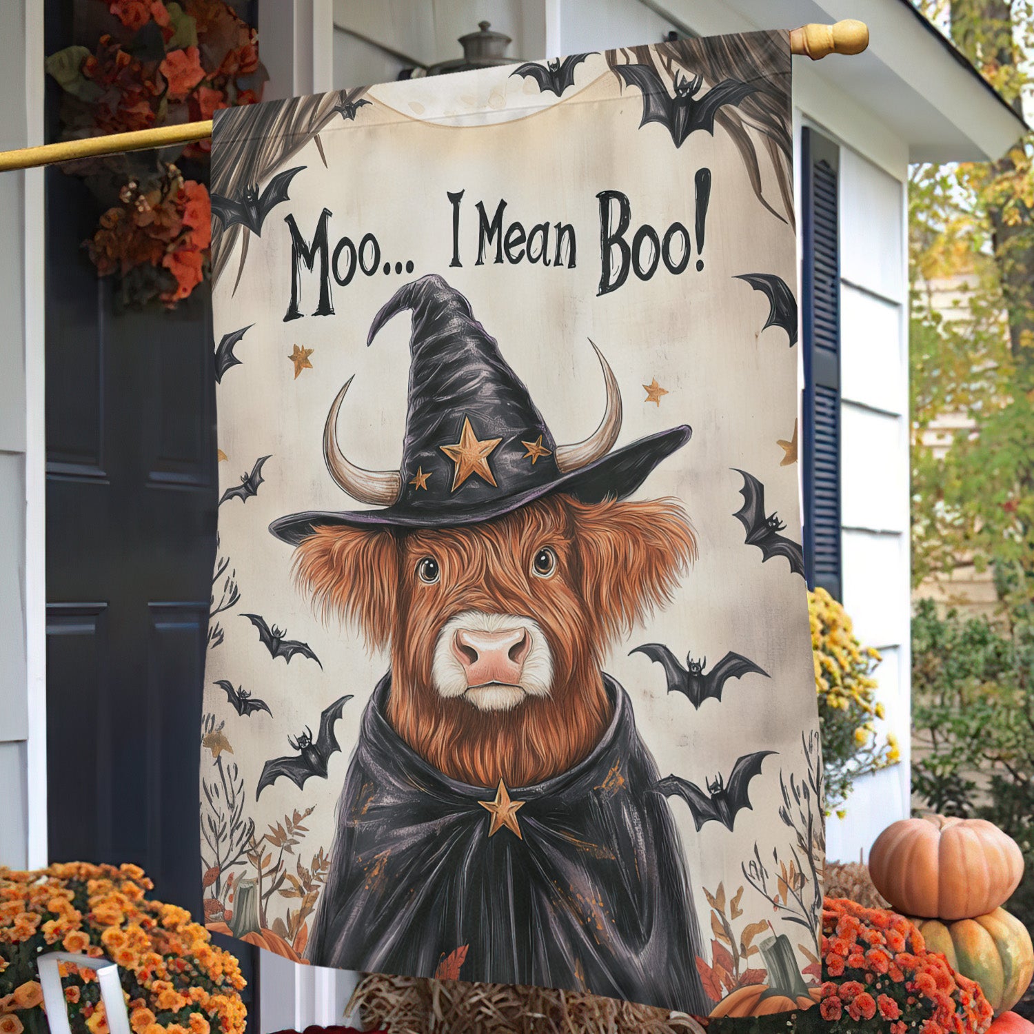 Halloween Cow Witch Flag House Flag Moo I Mean Boo Yard Flag Haunted Night Gift For Cow Lovers