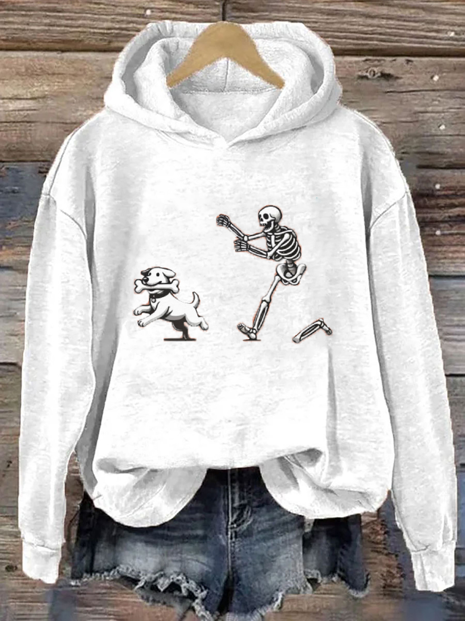 Halloween Dog Hoodie Skeleton Chasing Funny Hoodie Dog Lover Gifts