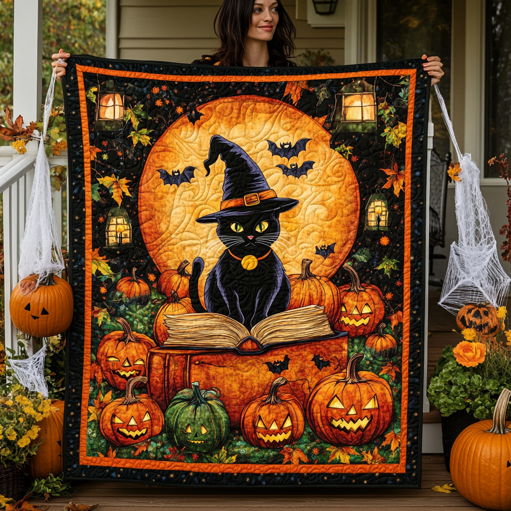 Halloween Feline Quilted Blanket Spooky Gifts For Her