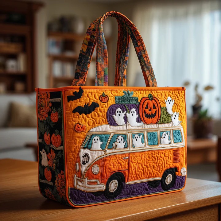 Halloween Ghost Bus Quilted Tote Bag Spooky Pumpkin Bag Best Halloween Gift For Her