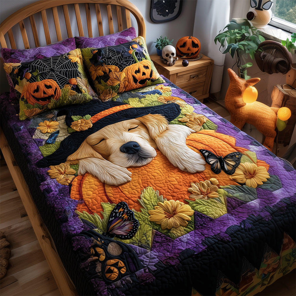 Halloween Golden Retriever Quilted Bedding Set Spooky Bed Sheets Golden Retriever Themed Gifts