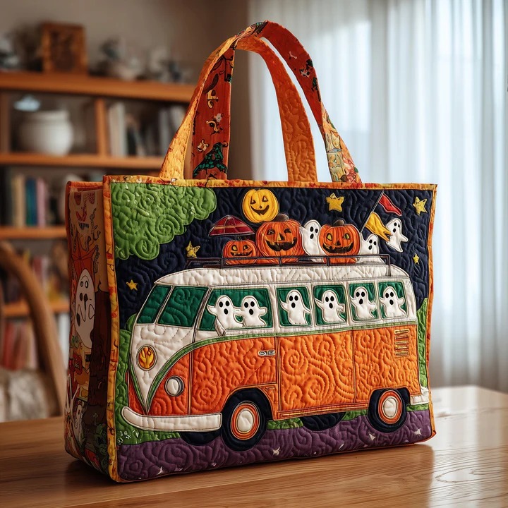 Halloween Hippie Bus Quilted Tote Bag Ghost Pumpkin Bag Best Halloween Gift For Women