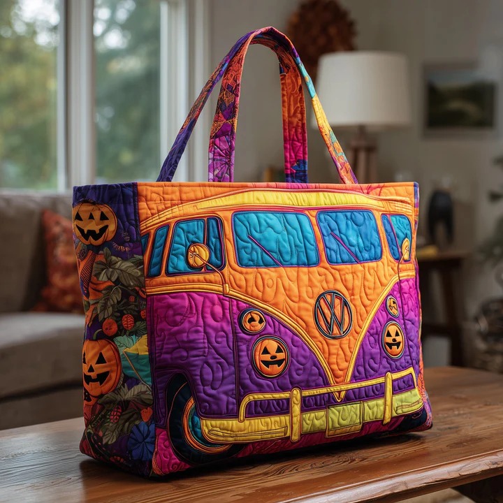 Halloween Hippie Bus Quilted Tote Bag Pumpkin Peace Van Bag Best Gift For Women