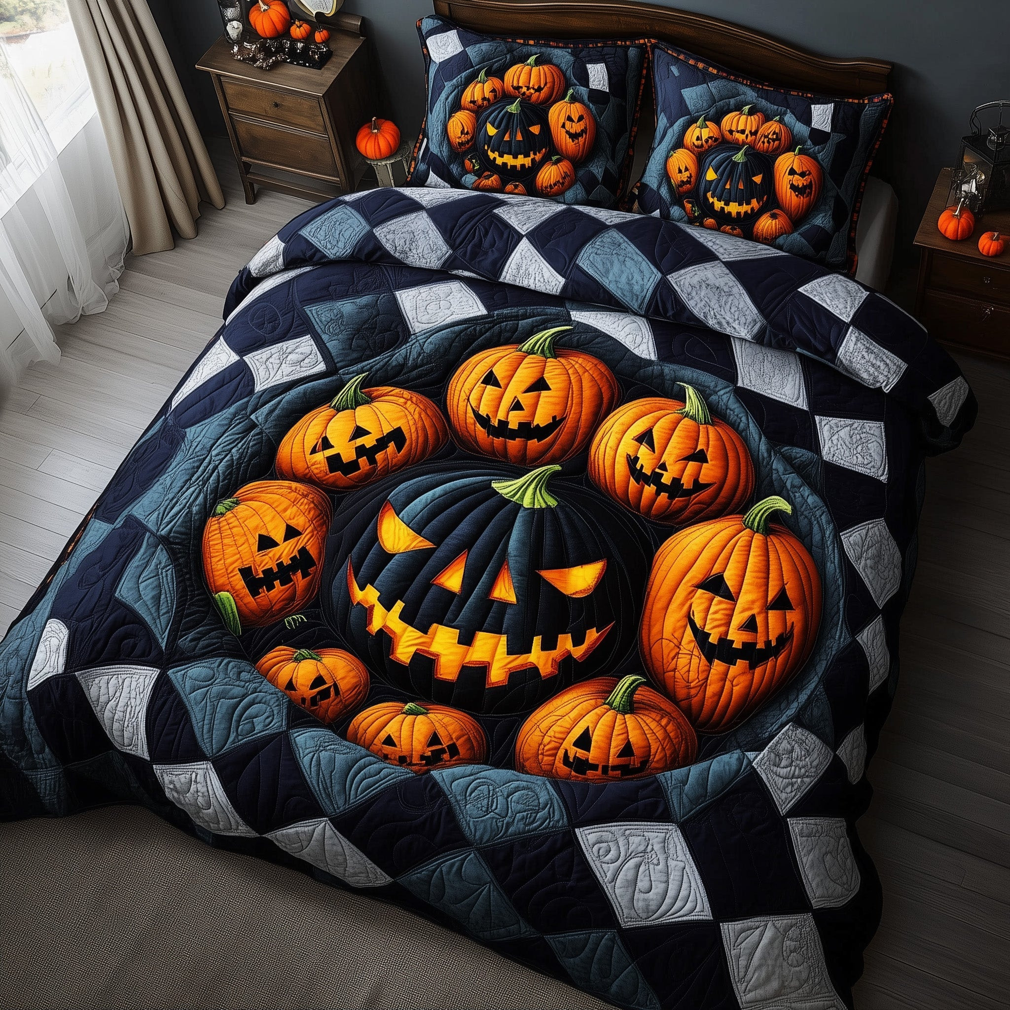 Halloween Illusion Quilted Bedding Set Haunted Pumpkin Decor Unique Spooky Bedding Gifts