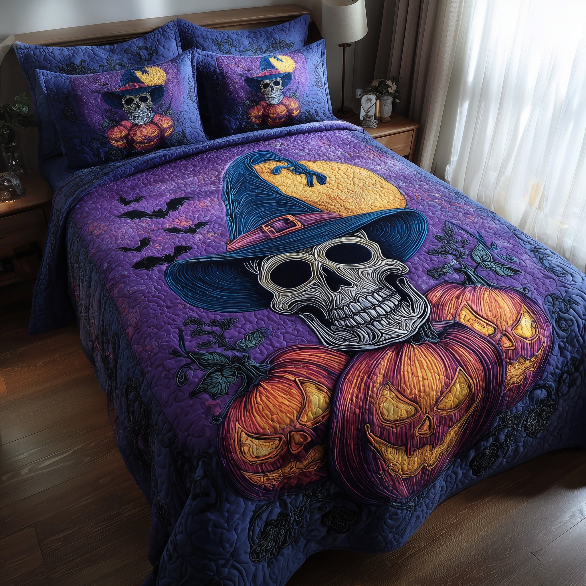 Halloween Night Quilted Bedding Set Floral Print