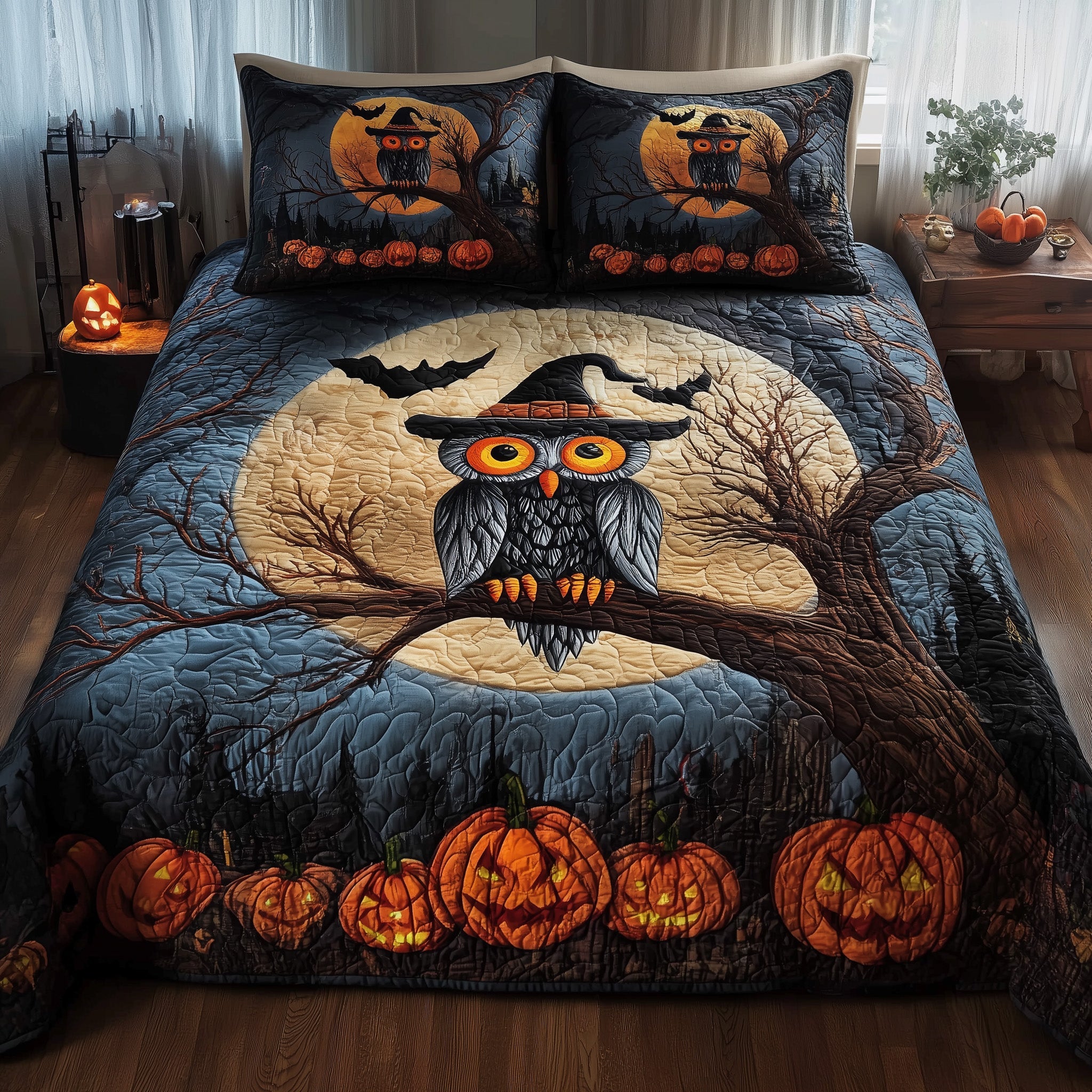 Halloween Owl Quilted Bedding Set Cozy Bedroom