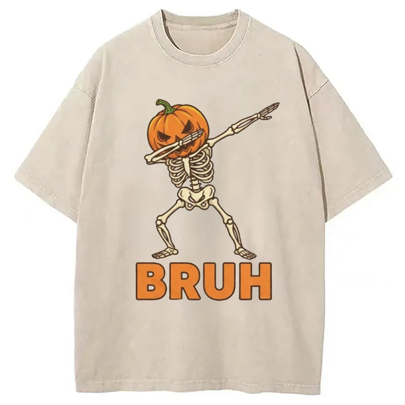 Halloween Pumpkin Head Dabbing Skeleton Washed T-Shirt Trendy Aesthetic Graphic Apparel Gifts For Him