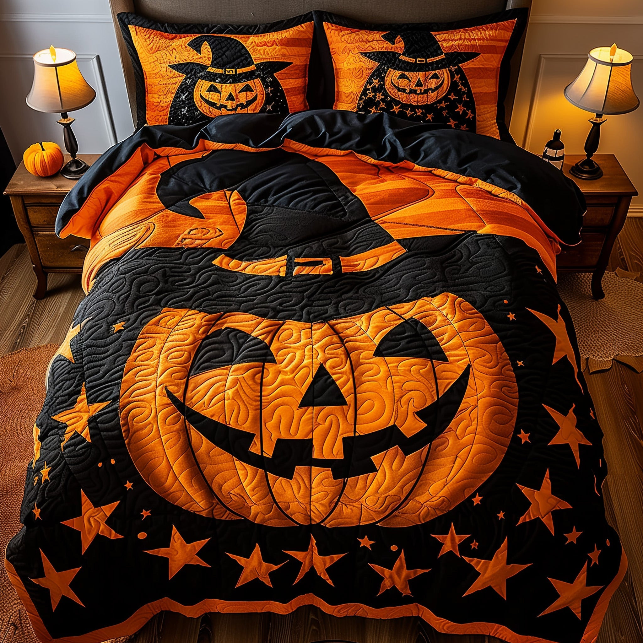 Halloween Pumpkin Quilted Bedding Set Witchy Pumpkin Design Best Holiday Bedding Gifts