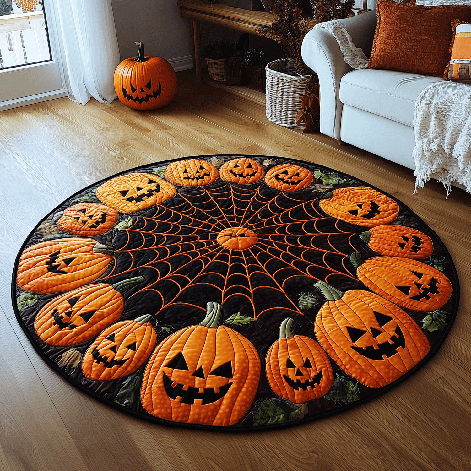 Halloween Pumpkin Quilted Round Mat Halloween Round Mat Indoor Home Decor Spooky Gift
