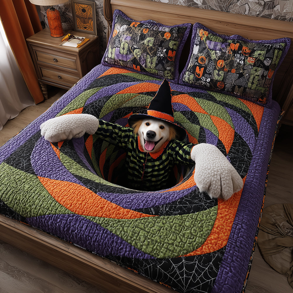Halloween Pup Retriever Quilted Bedding Set Spooky Bed Sheets Golden Retriever Gifts For Owners