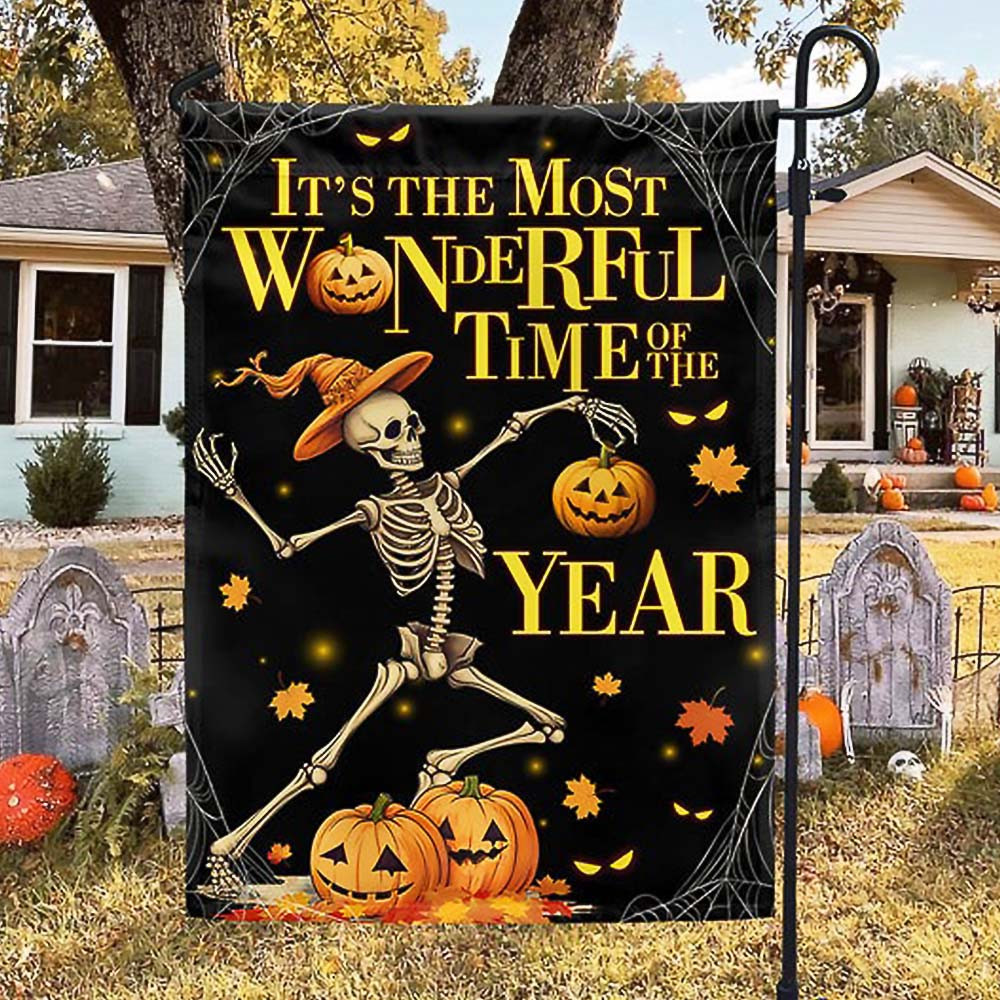Halloween Skeleton Dancing Pumpkins It's The Most Wonderful Time Of The Year Flag Halloween Gift For Adults