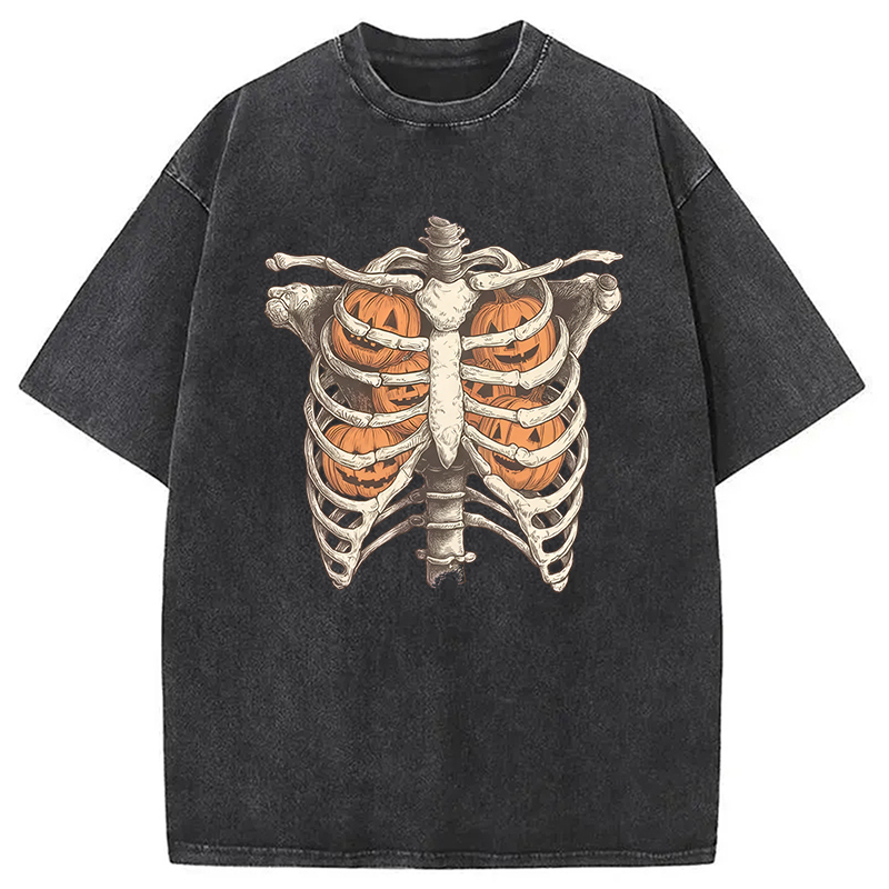 Halloween Skeleton Rib Vintage Washed T-Shirt Soft Cotton Daily Wear Tee Gifts For Besties