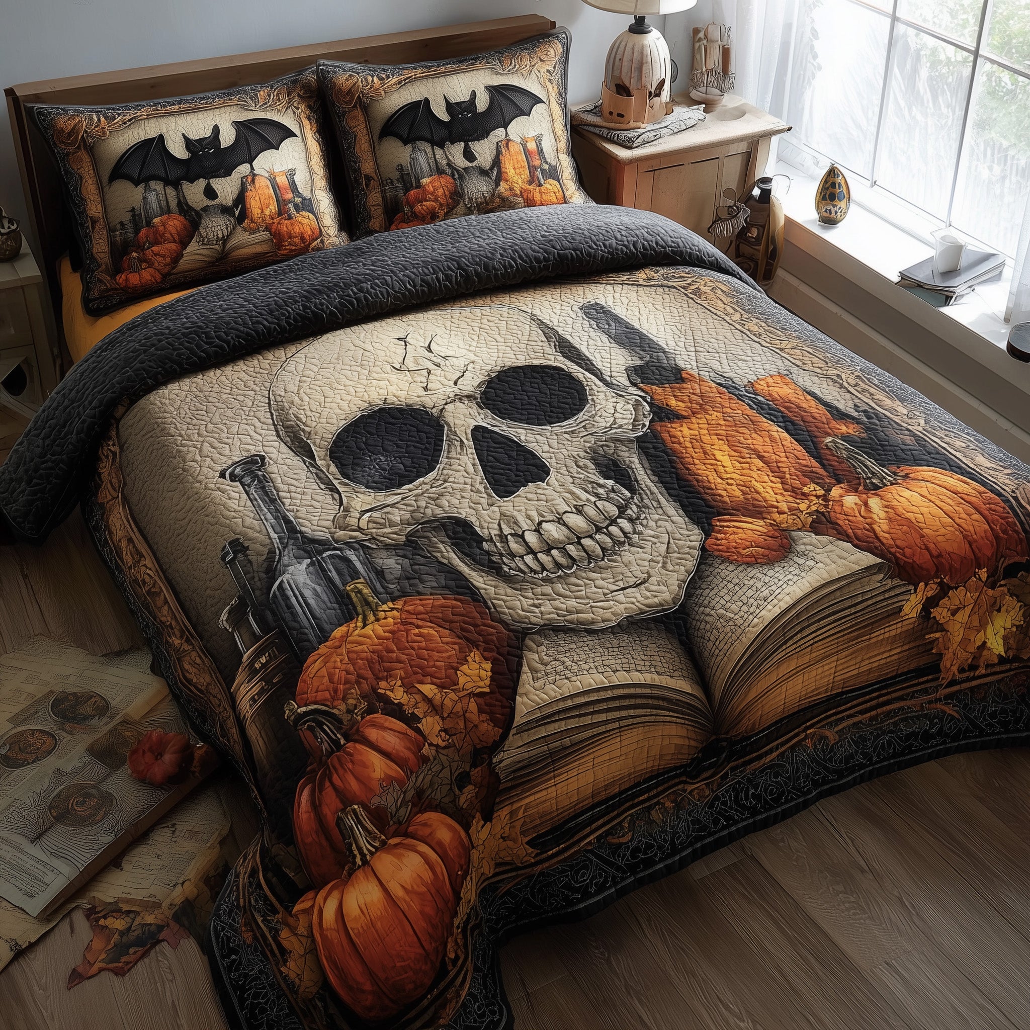 Halloween Skullcap Quilted Bedding Set Linen Blend