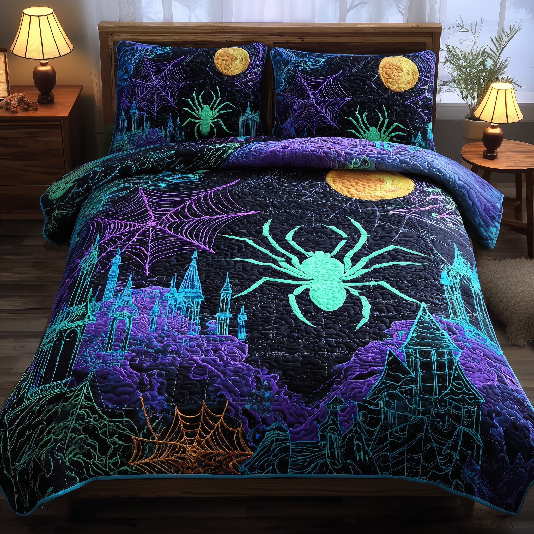 Halloween Spider Quilted Bedding Set Linen Blend