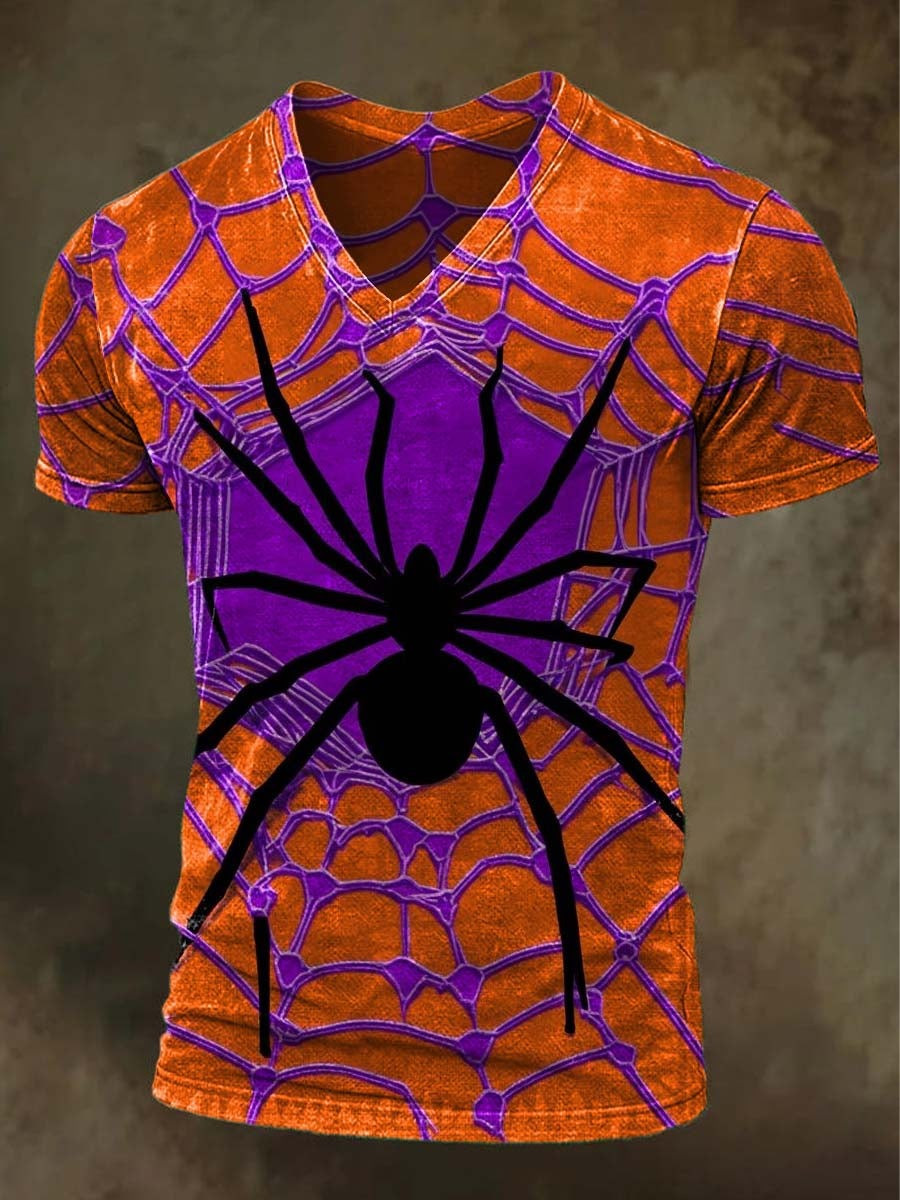 Halloween Spider V-Neck Shirt Scary Black Spider On Web Graphic Tee Halloween Gift Ideas
