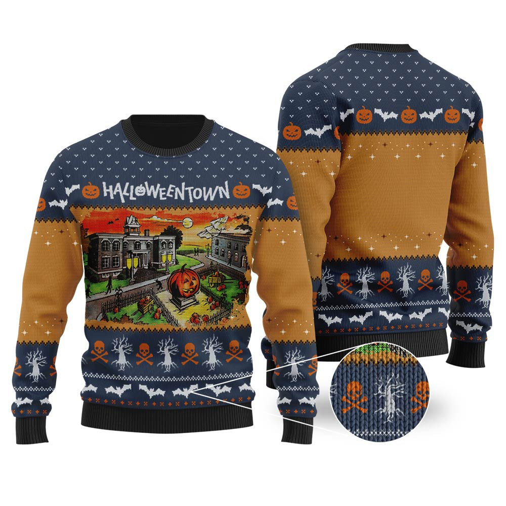 Halloween Town University Sweater Navy Seasonal Gift Merch for Cozy Christmas Vibes