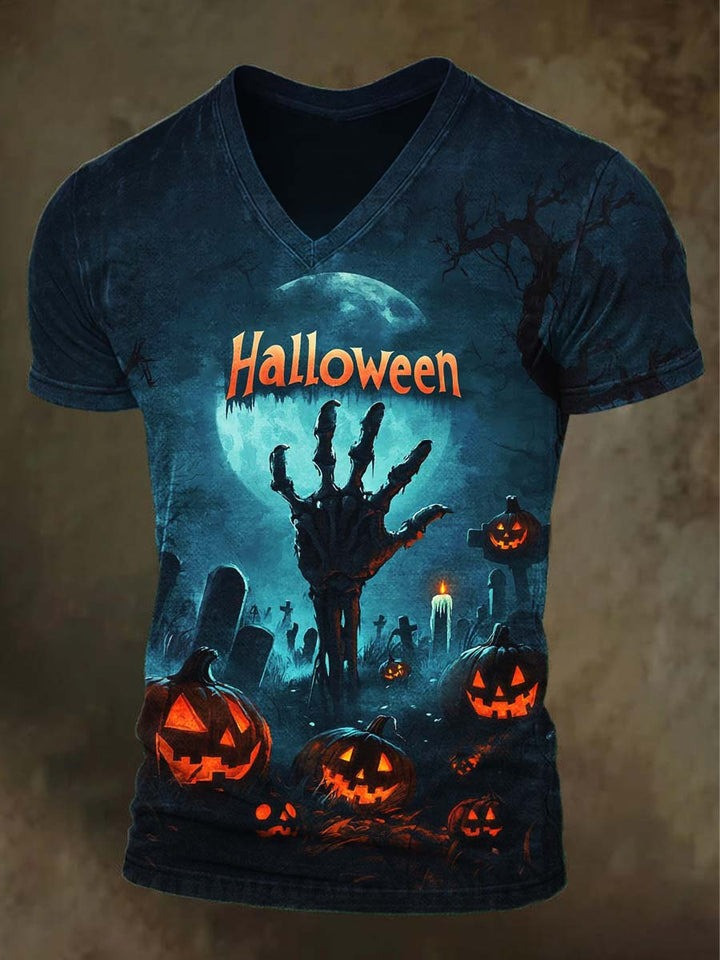 Halloween V-Neck Shirt Pumpkin Spooky Hand Graphic Tee Halloween Gifts For Him