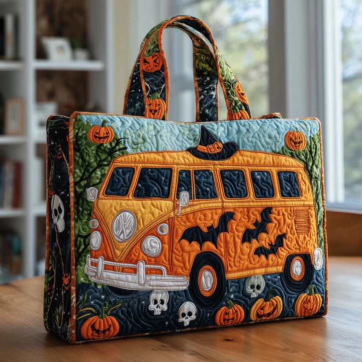 Halloween Van Quilted Tote Bag Witch Bat Skull Bag Spooky Best Halloween Gift For Women