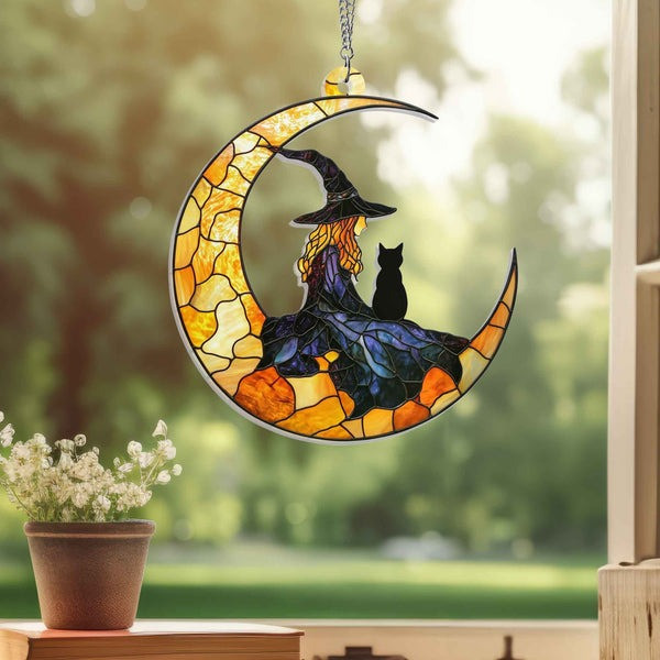Halloween Witch And Black Cat On The Moon Suncatcher Acrylic Hanging Perfect Halloween Gift For Friends and Family
