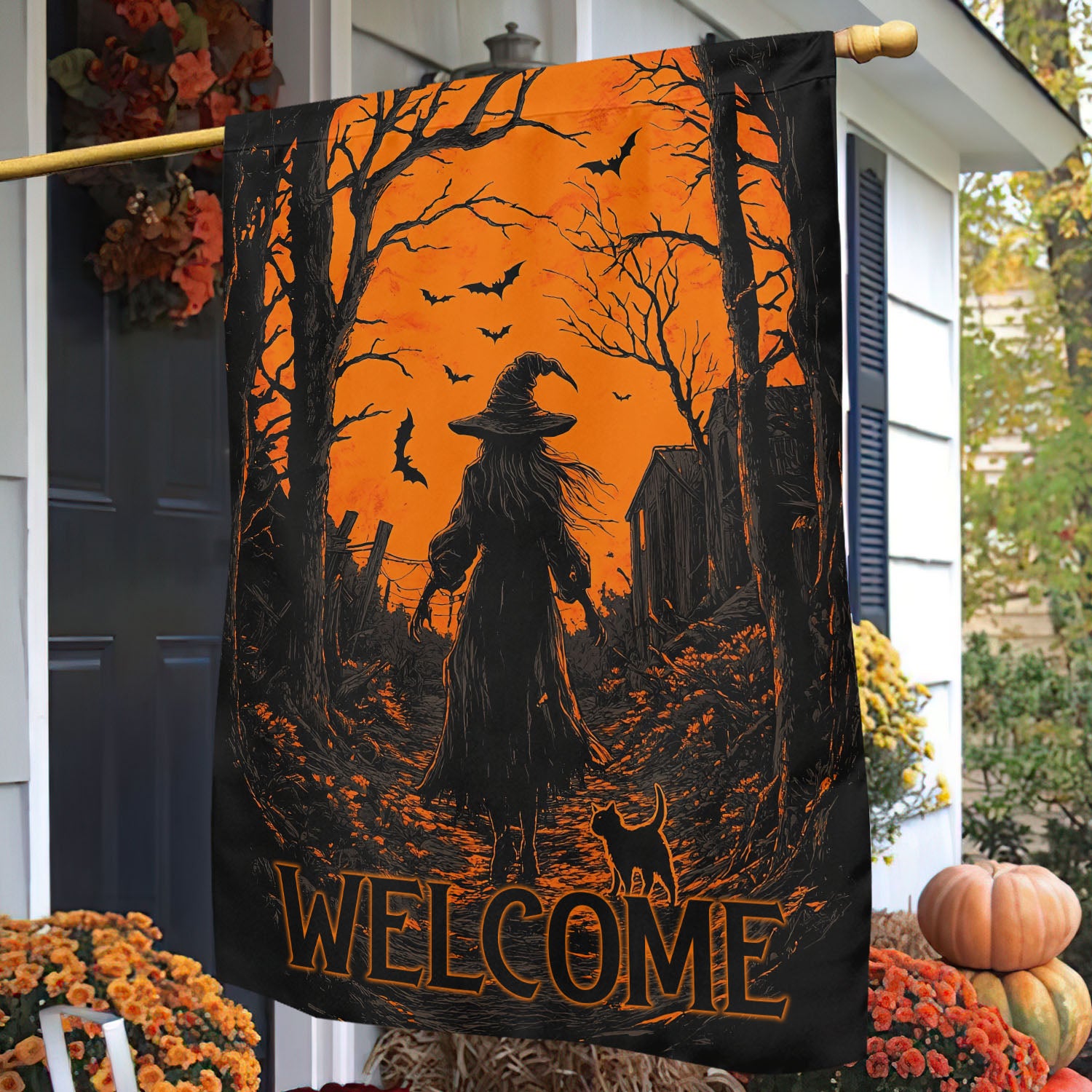 Halloween Witch Cat Garden Flag Welcome Yard Flag Halloween Gift For Witch Lovers Cat Lovers