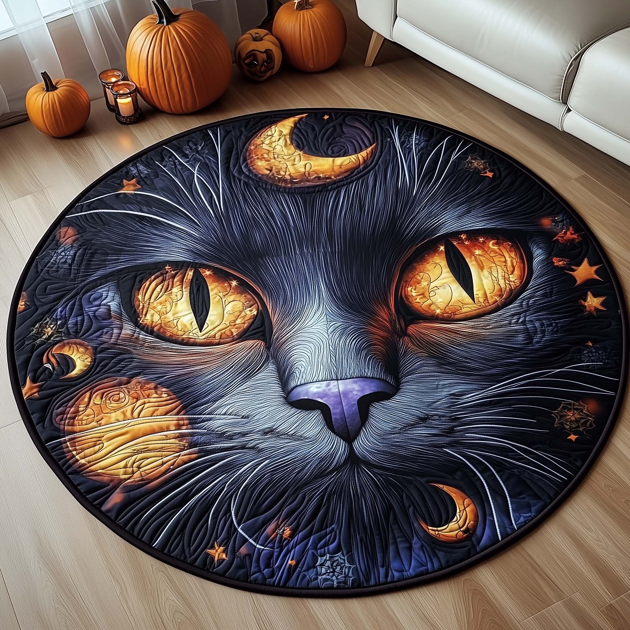 Halloween Witch Cat Quilted Round Mat Premium Quilted Round Mat for Cozy Living Spaces