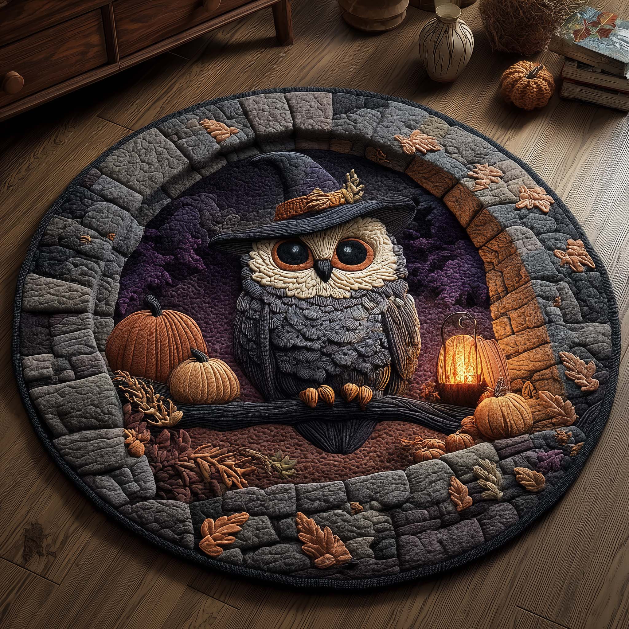 Halloween Witch Owl Quilted Round Mat Eco-Friendly Quilted Round Mat for Sustainable Living