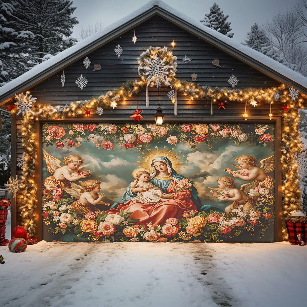 Halo Of Roses Christmas Garage Door Banner Xmas Decorations Religious Christmas Gifts