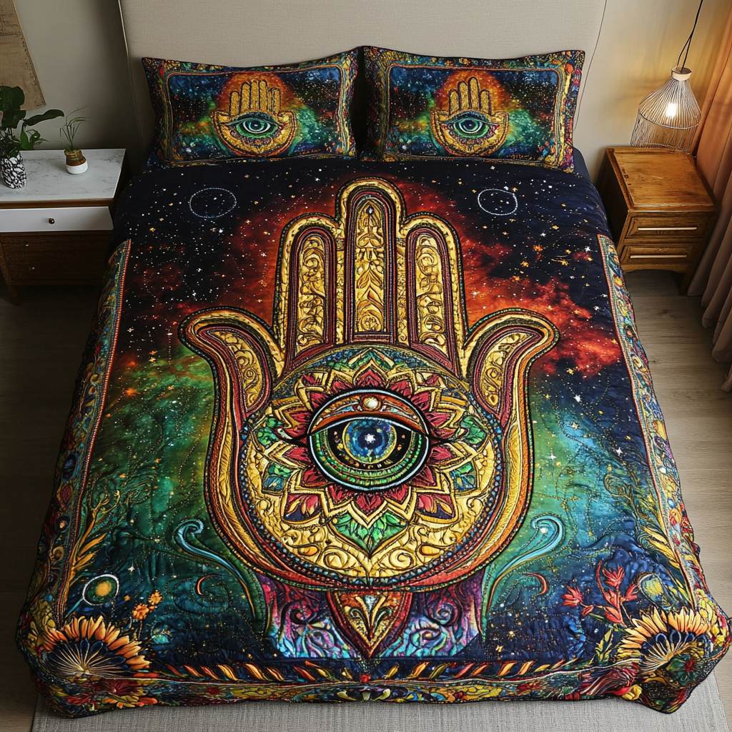Hamsa Blessing Quilted Bedding Set Bedroom Boho Decor Christmas Presents For Wife