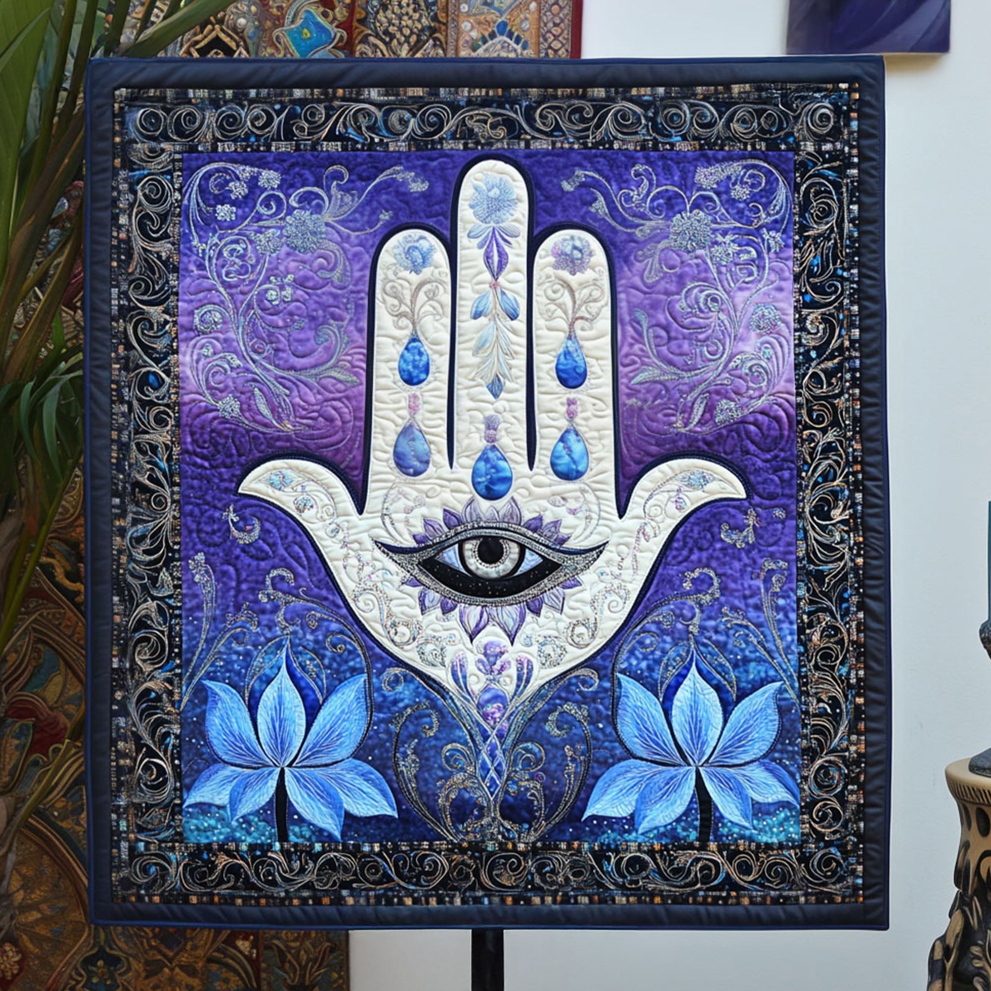 Hamsa Harmony Quilted Blanket Bedroom Decor Lotus Gifts For Her