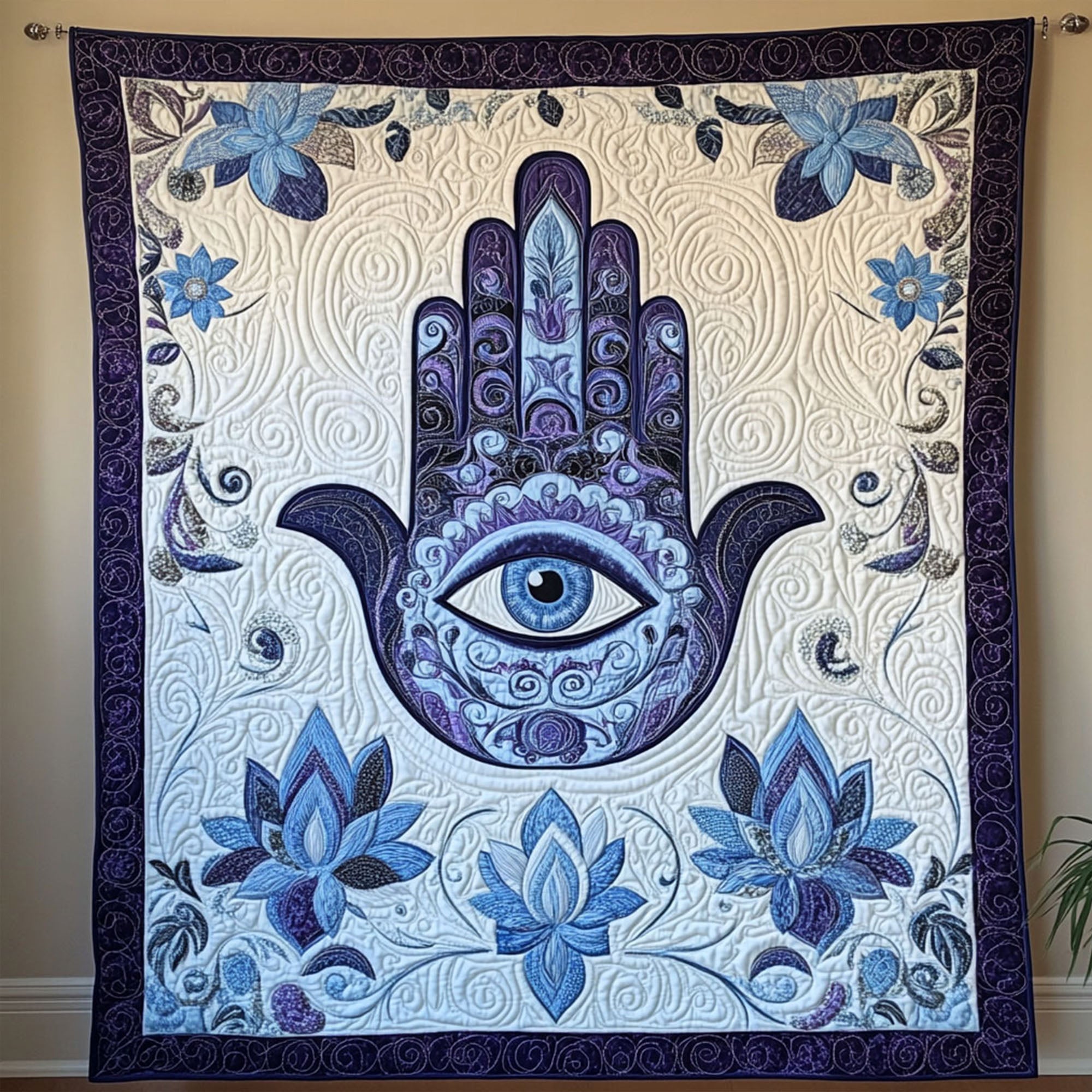 Hamsa of Balance Quilted Blanket Home Bedding Decor Lotus Gifts For Women