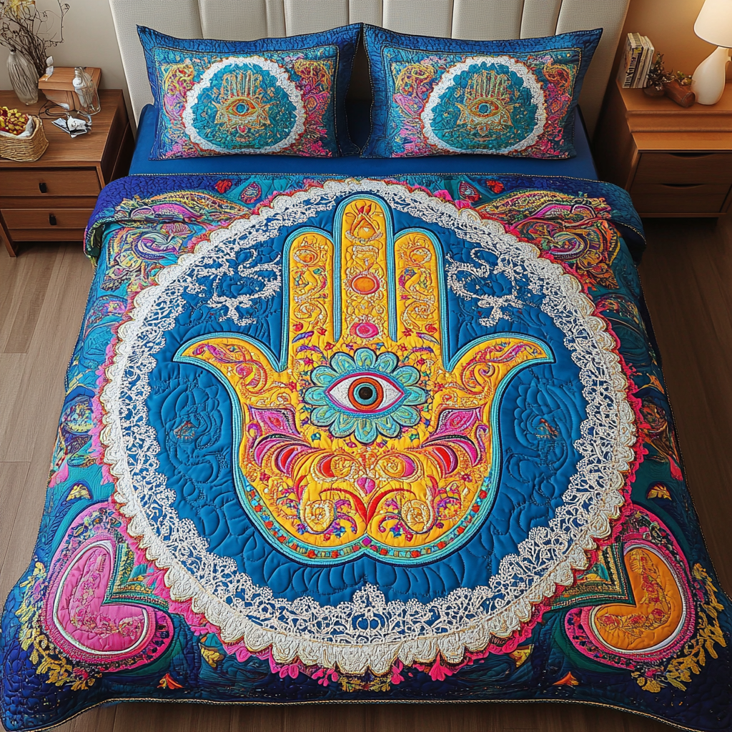 Hamsa Protection Quilted Bedding Set Boho Bedroom Decor Christmas Presents For Girlfriend
