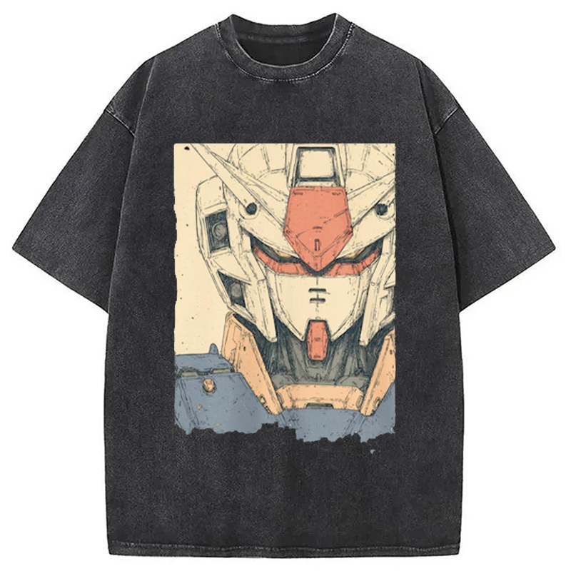 Hand-Drawn Mecha Robot Washed T-Shirt Retro Streetwear Graphic Top Gifts For BFF