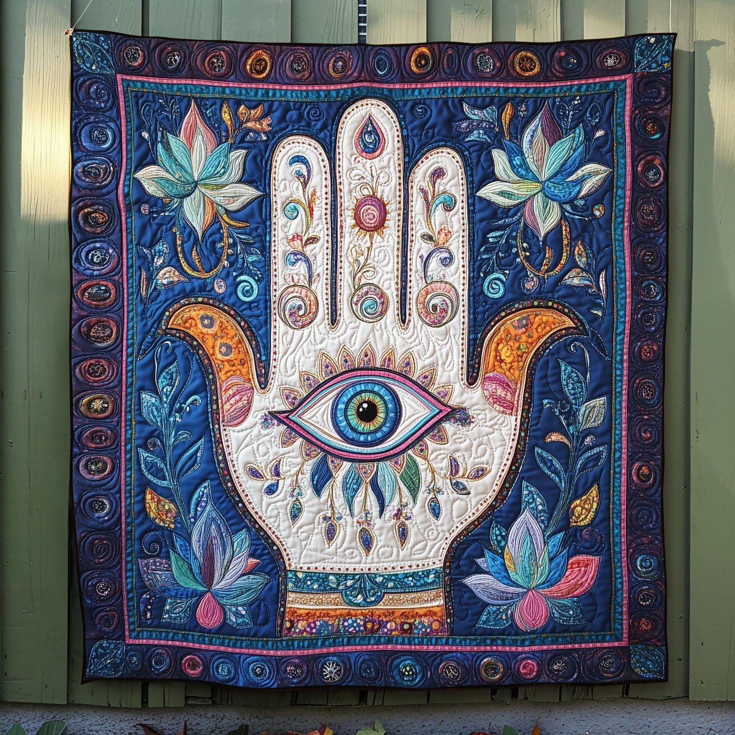 Hand of Wisdom Quilted Blanket Cute Throw Blanket Lotus Flower Themed Gifts